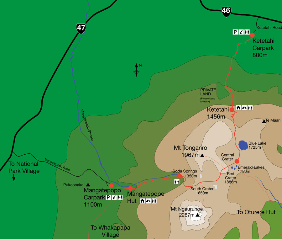Mapa Tongariro Alpine Crossing
