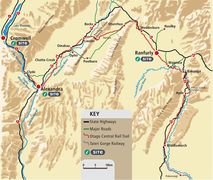 Full map of the Otago Central Rail Trail - Click on sections of the Track to read more...