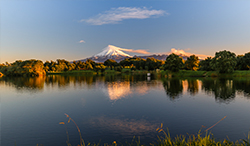 New Plymouth's Lake Rotomanu with Mount Taranaki in the background